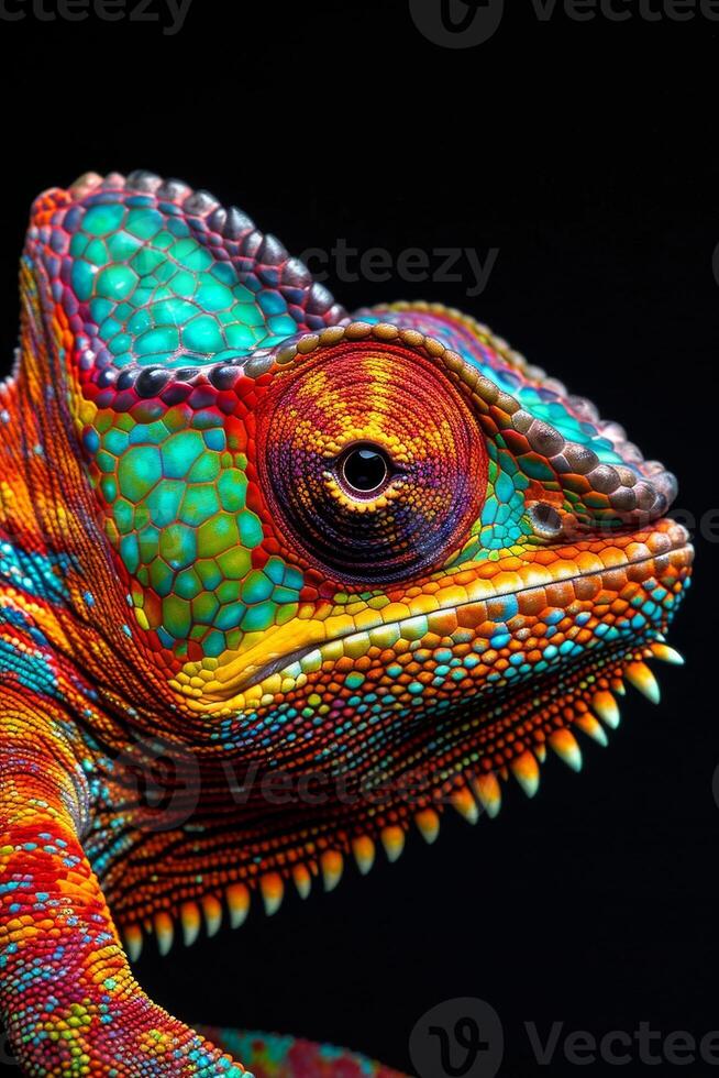 A colorful chameleon lizard is shown on a black background photo