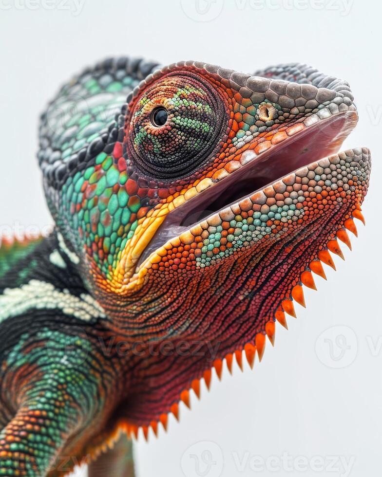 A close up of a chameleon's face photo
