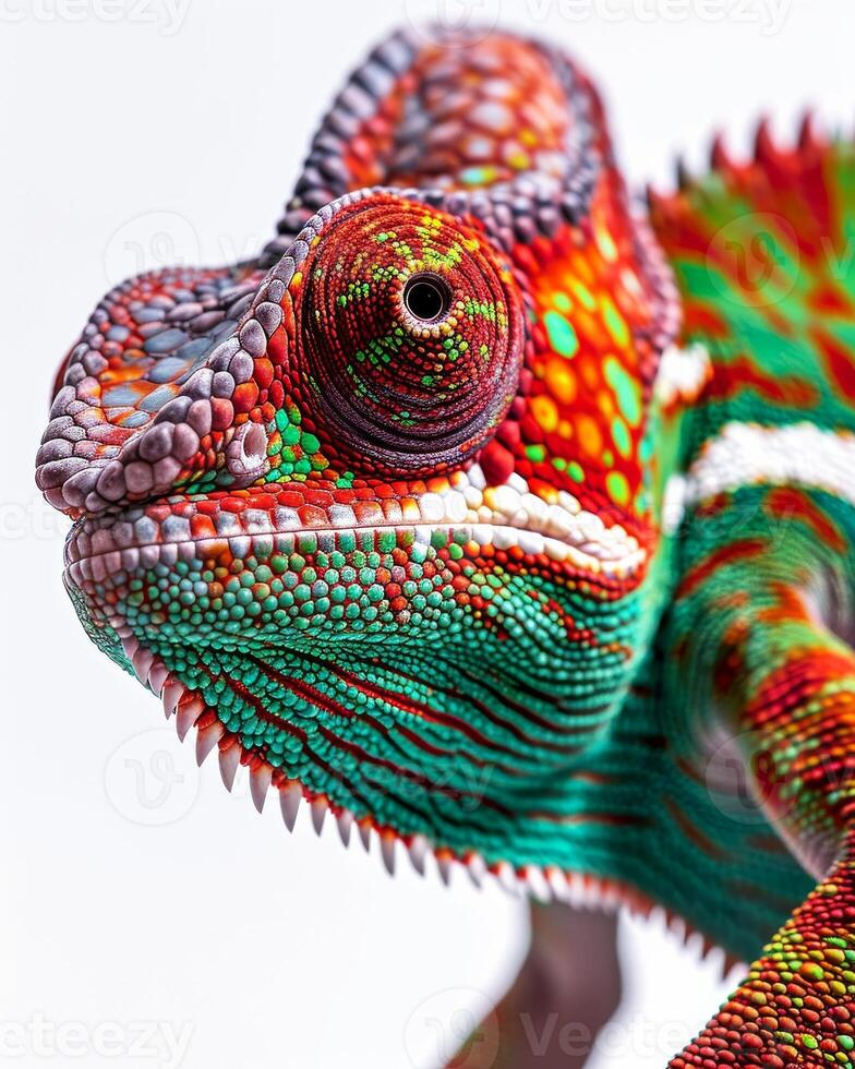 A close up of a chameleon with colorful markings photo