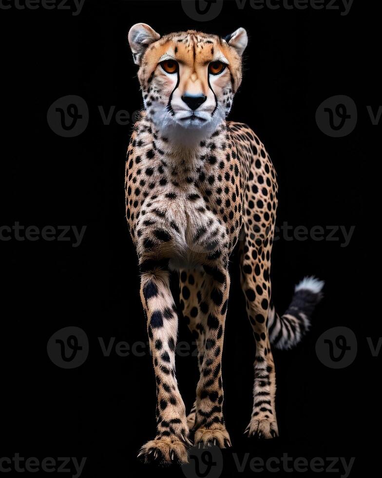 A cheetah is standing in front of a black background photo