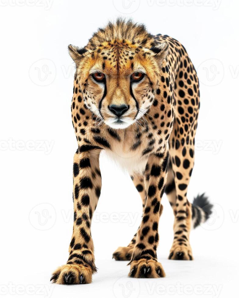 A cheetah is walking in front of a white background photo