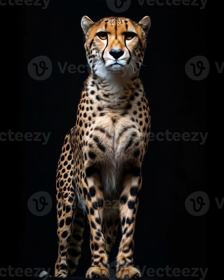 A cheetah standing in front of a black background photo