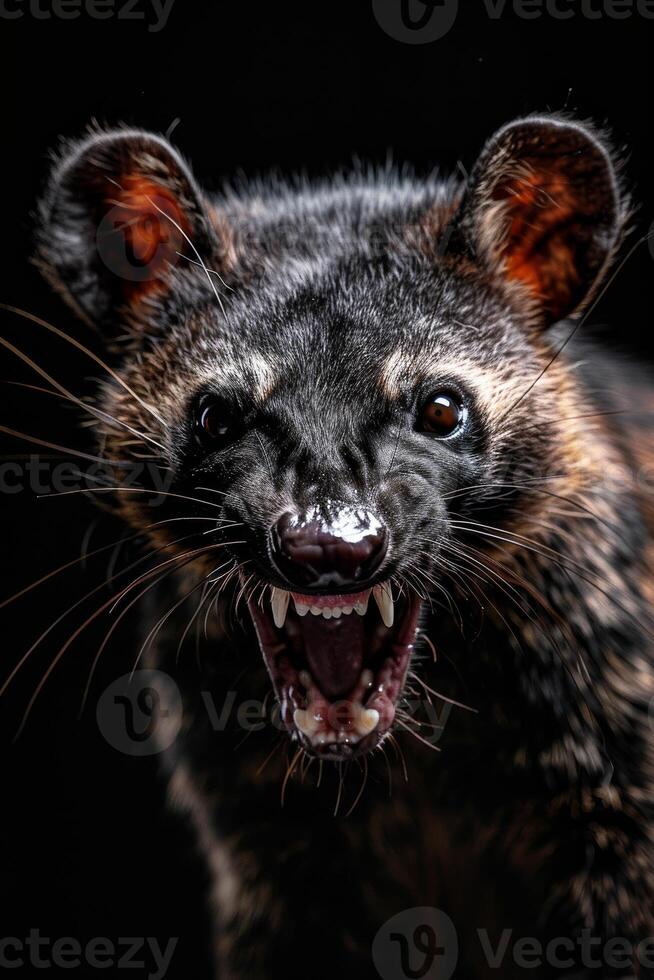 A close up of a black and brown animal with its mouth open photo