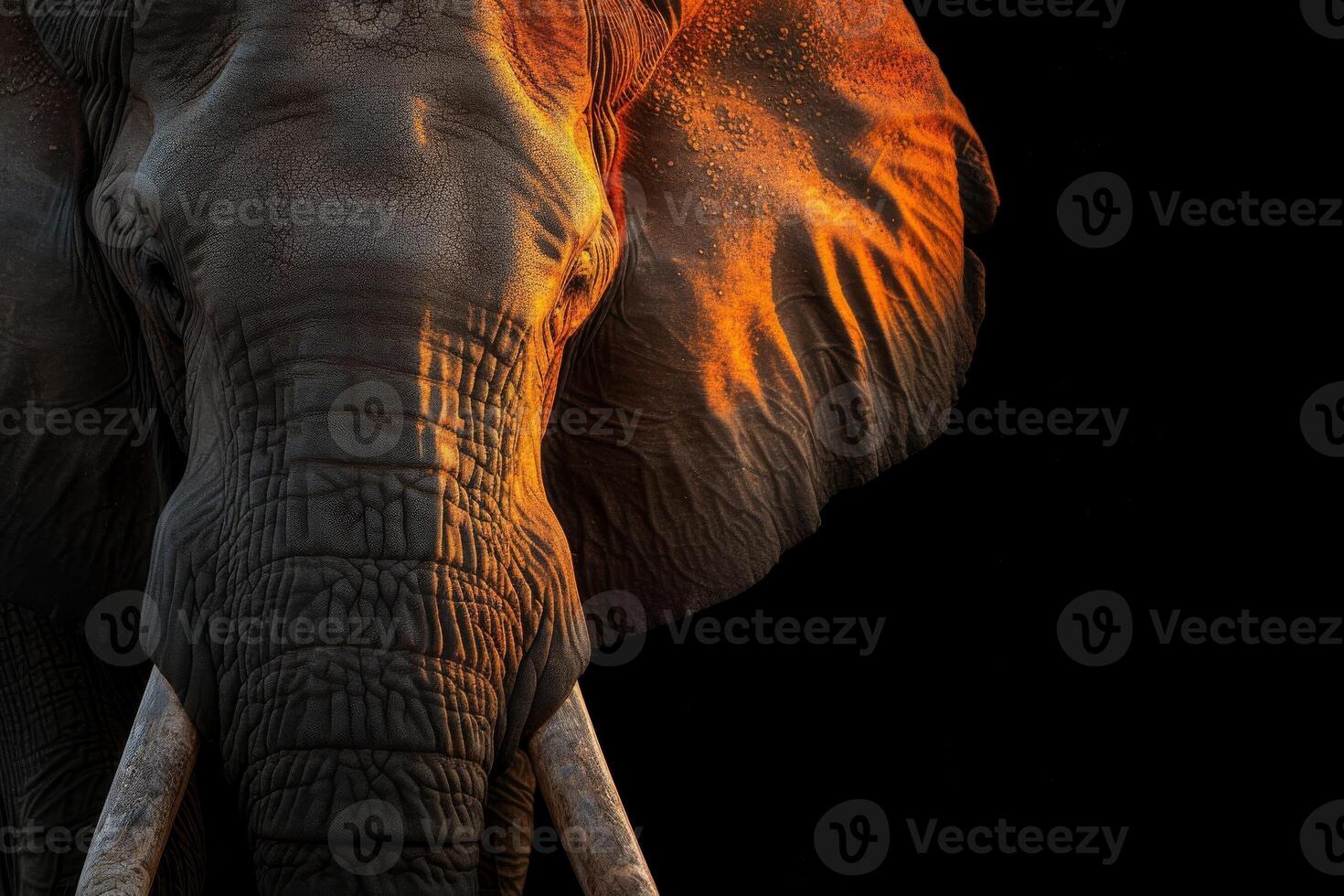 An elephant with tusks on a black background photo