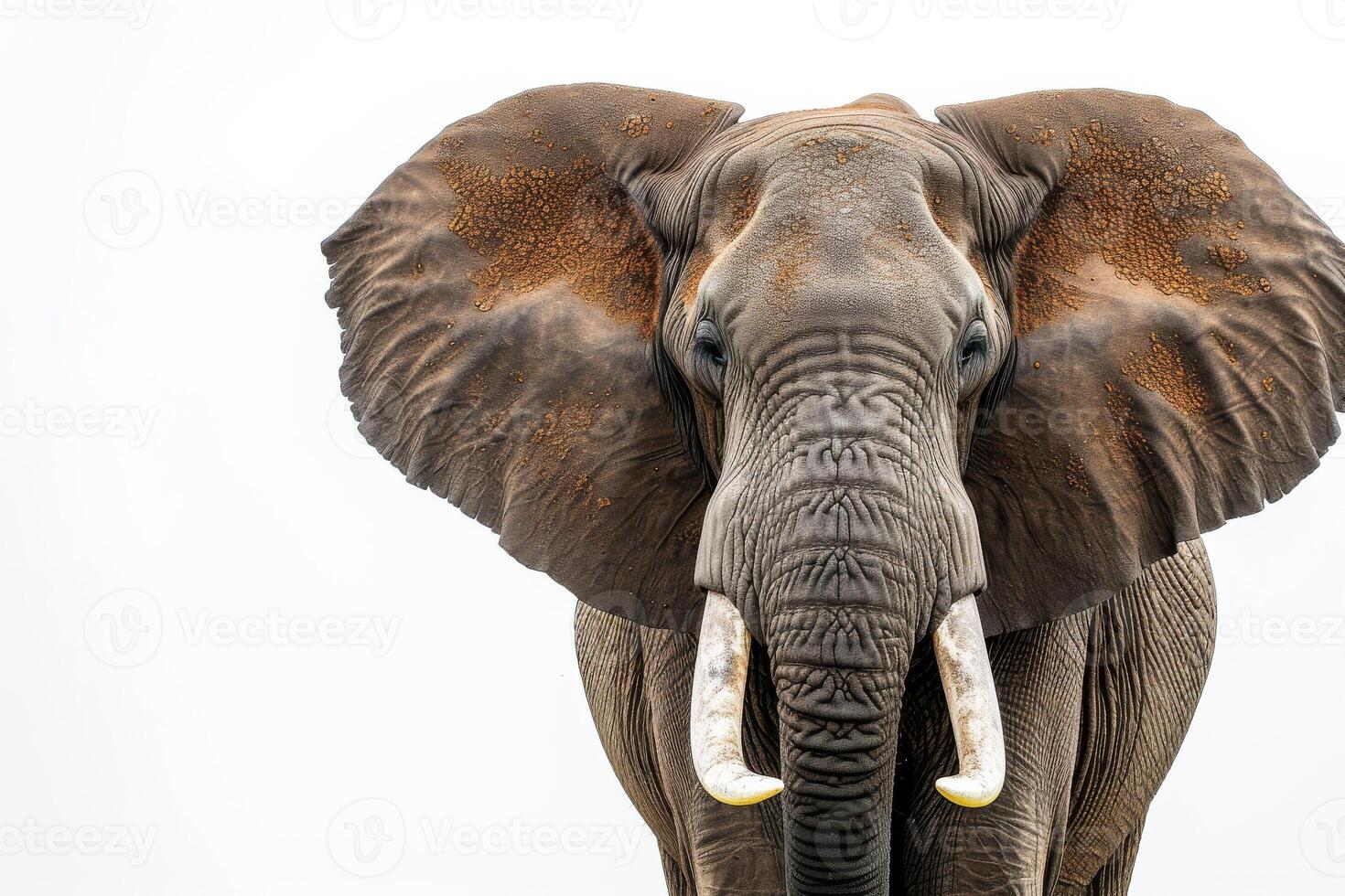 An elephant with tusks standing in front of a white background photo