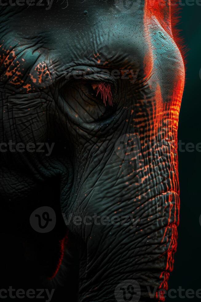 An elephant with red eyes and a dark background photo