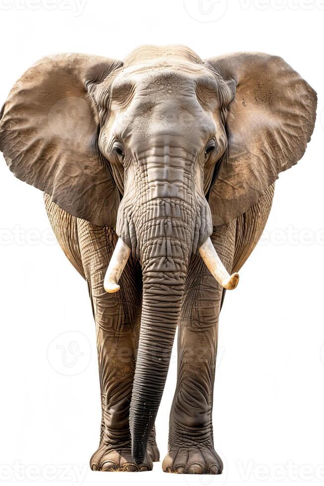 An elephant with tusks standing in front of a white background photo