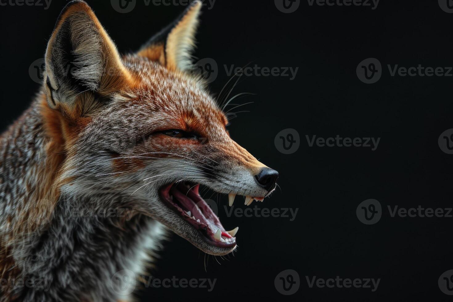 A close up of a fox with its mouth open photo