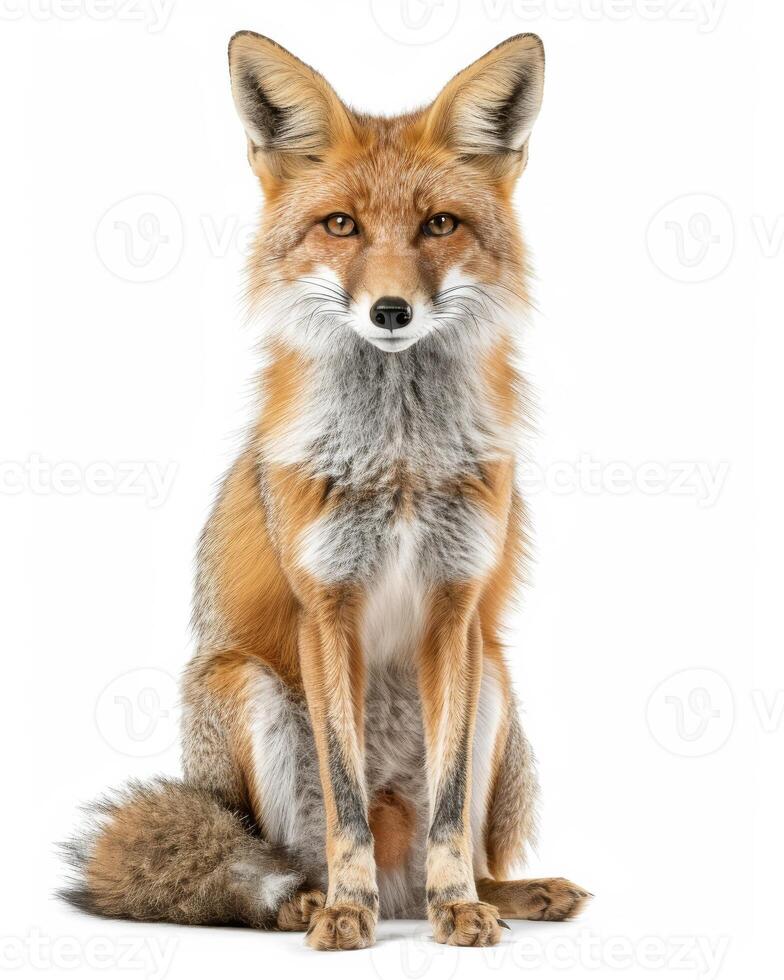 A red fox sitting in front of a white background photo