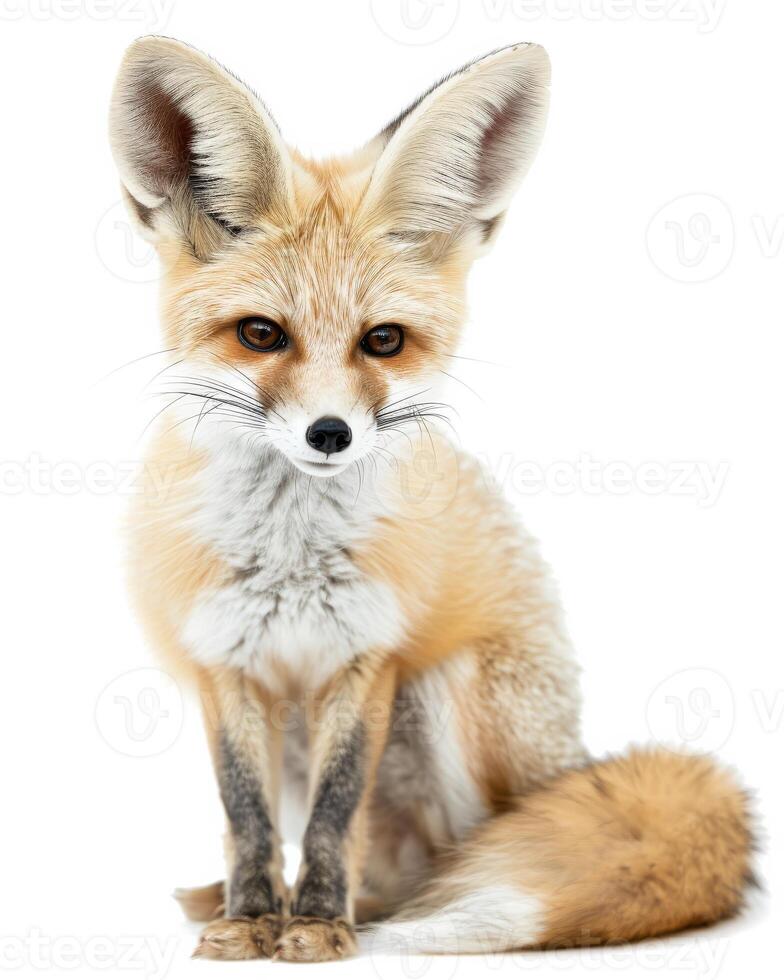 A fox sitting in front of a white background photo