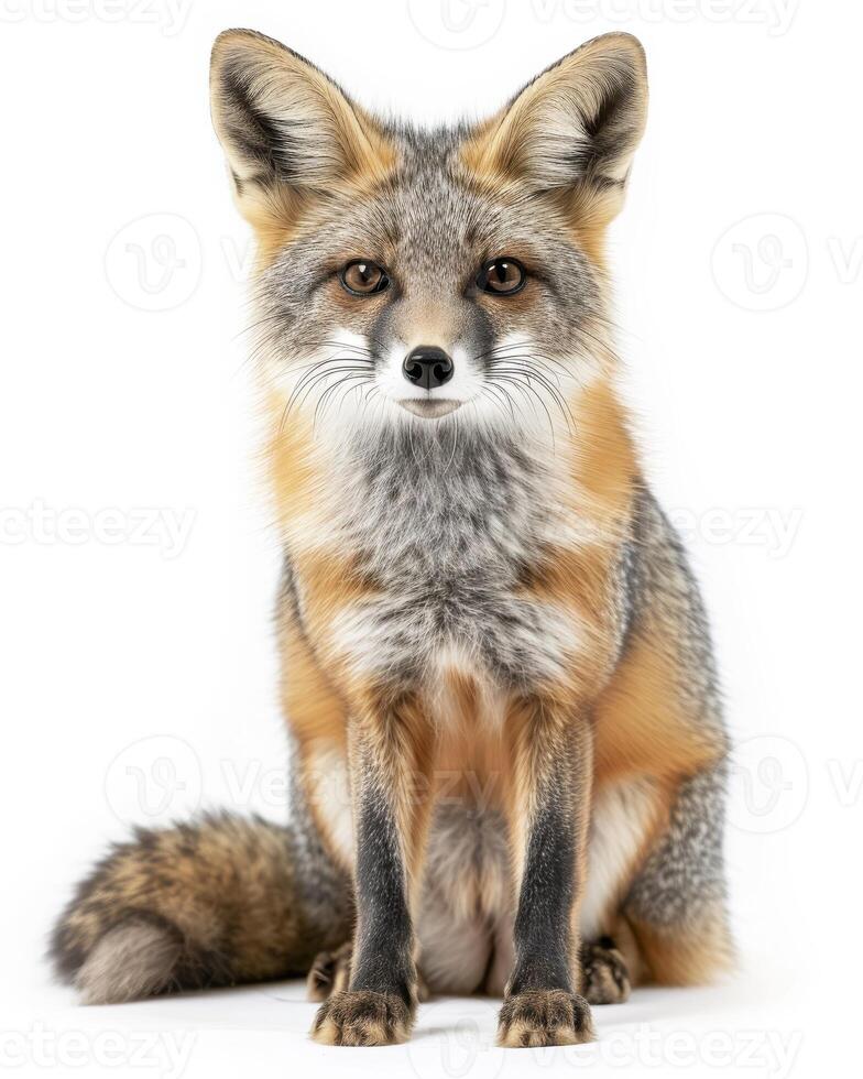 A fox sits in front of a white background photo