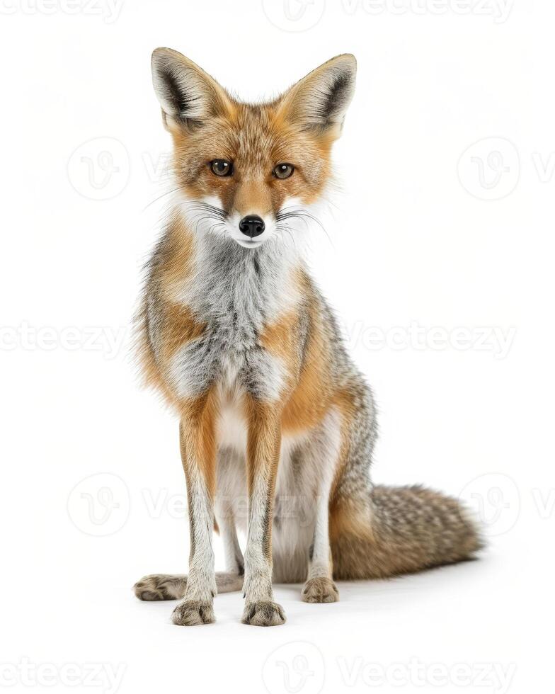 A fox is sitting in front of a white background photo