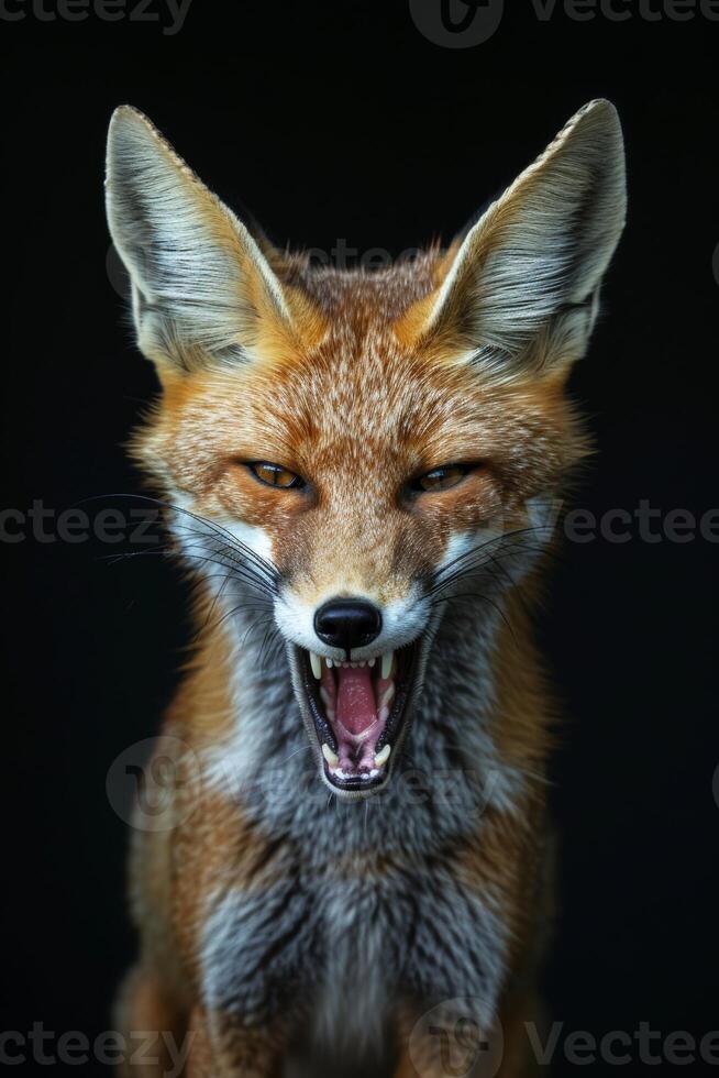 A red fox with its mouth open on a black background photo