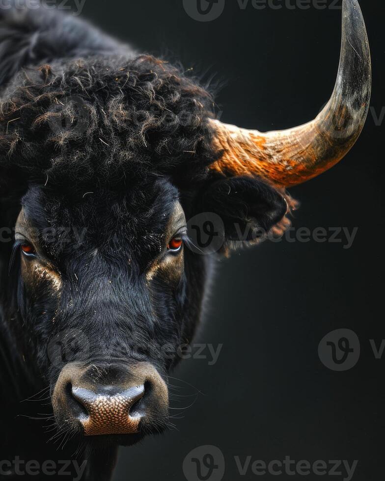 A bull with big horns on a black background photo