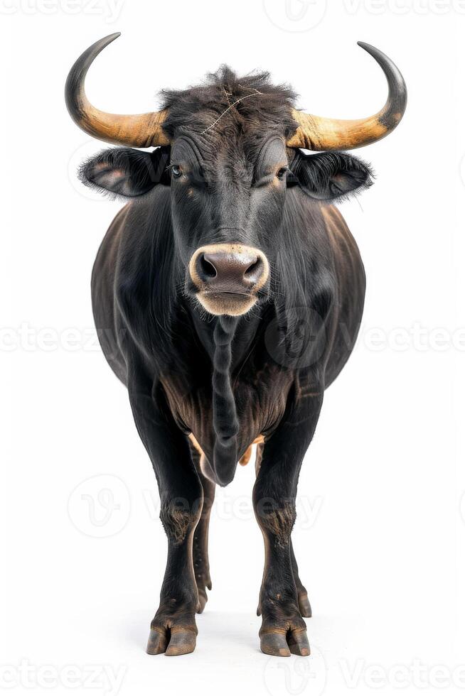 A bull with large horns standing in front of a white background photo