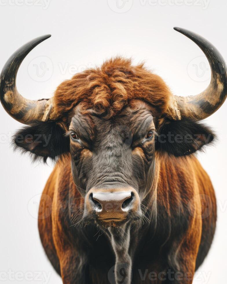 A bull with big horns standing in front of a white background photo