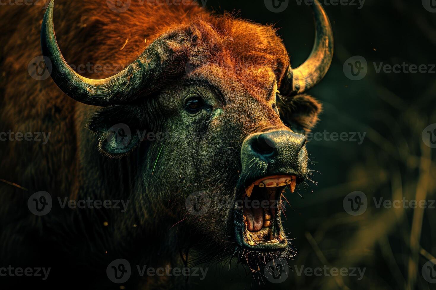 A bull with its mouth open and its horns are sharp photo