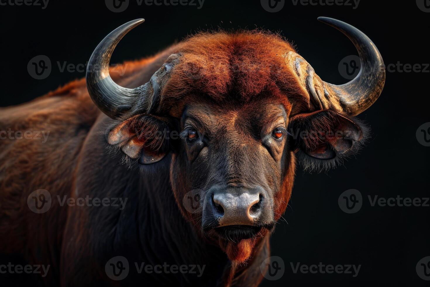 A close up of a buffalo with large horns photo
