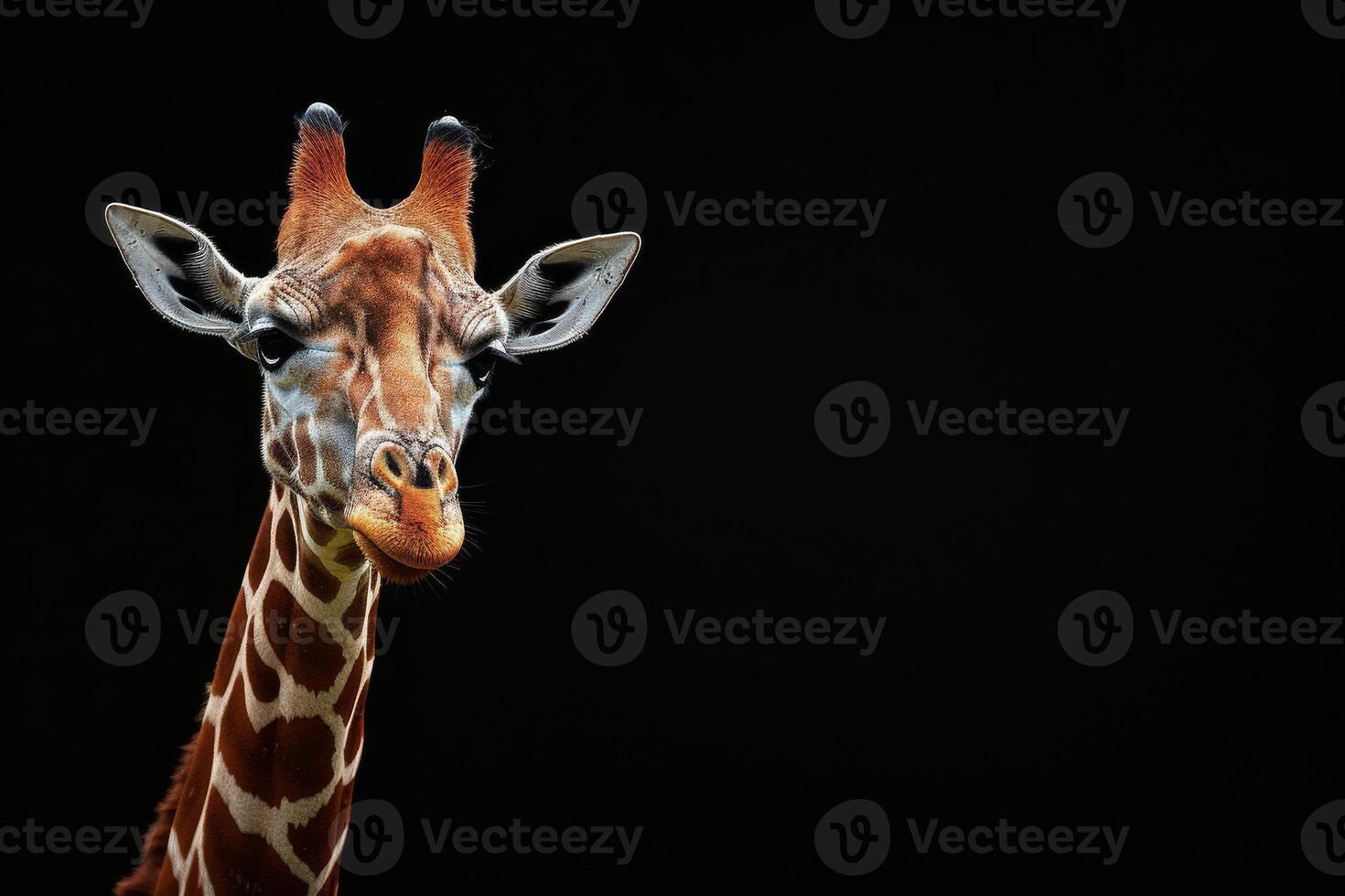 A giraffe is standing in front of a black background photo