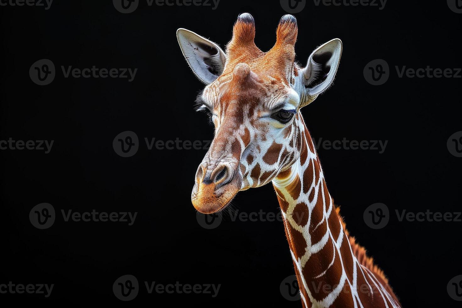 A giraffe is standing in front of a black background photo