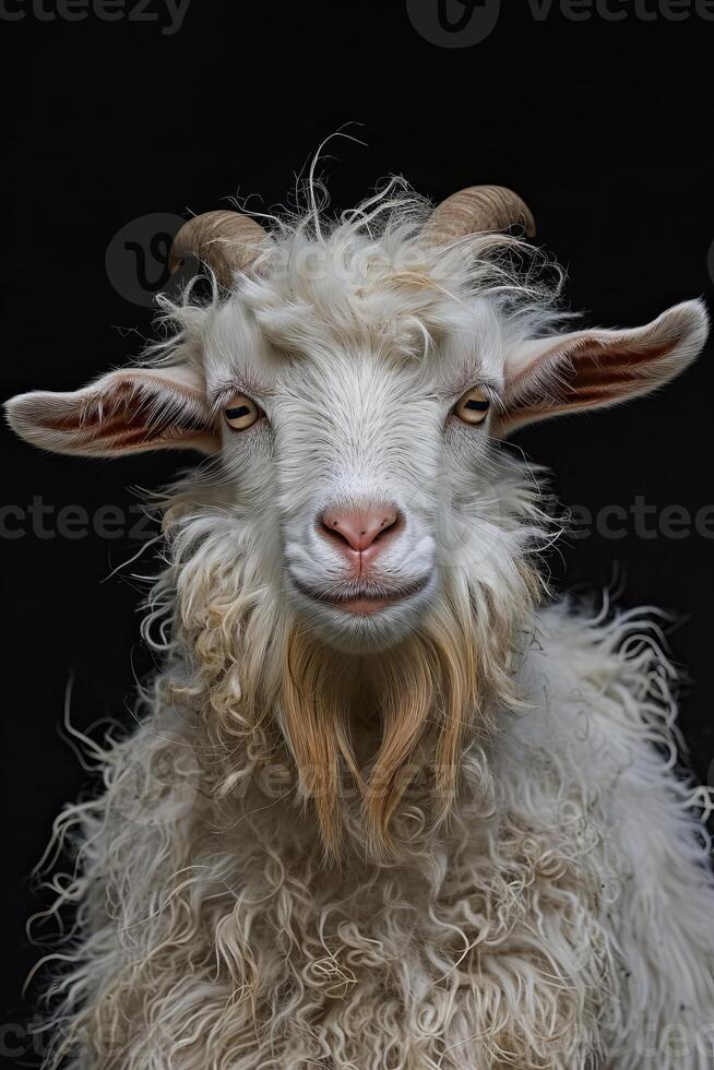 A goat with long hair and horns photo