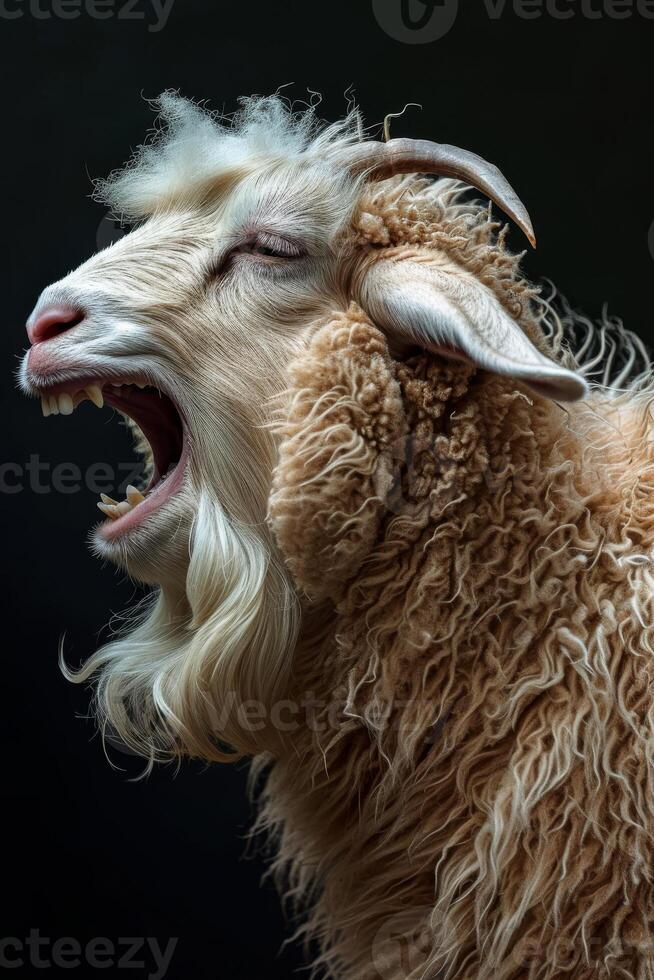 A goat with its mouth open and its teeth showing photo