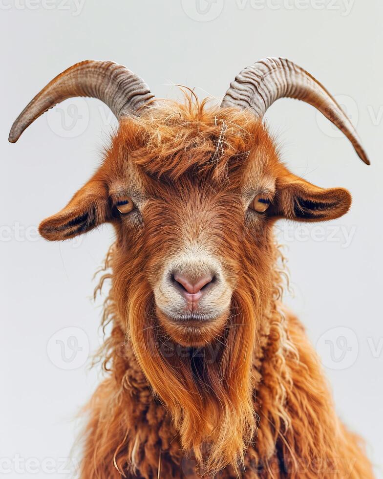 Portrait of a red goat with long horns on a white background photo