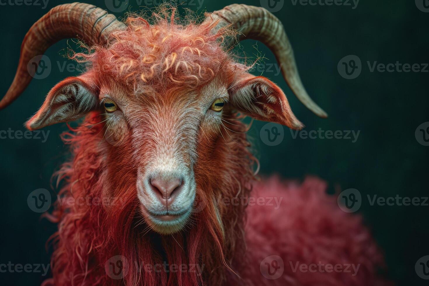 A goat with long horns and red hair photo