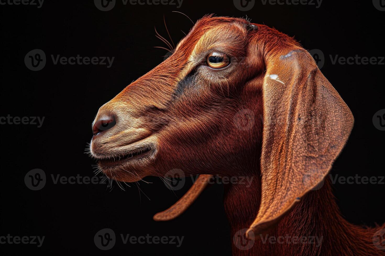 A close up of a goat's head with a black background photo