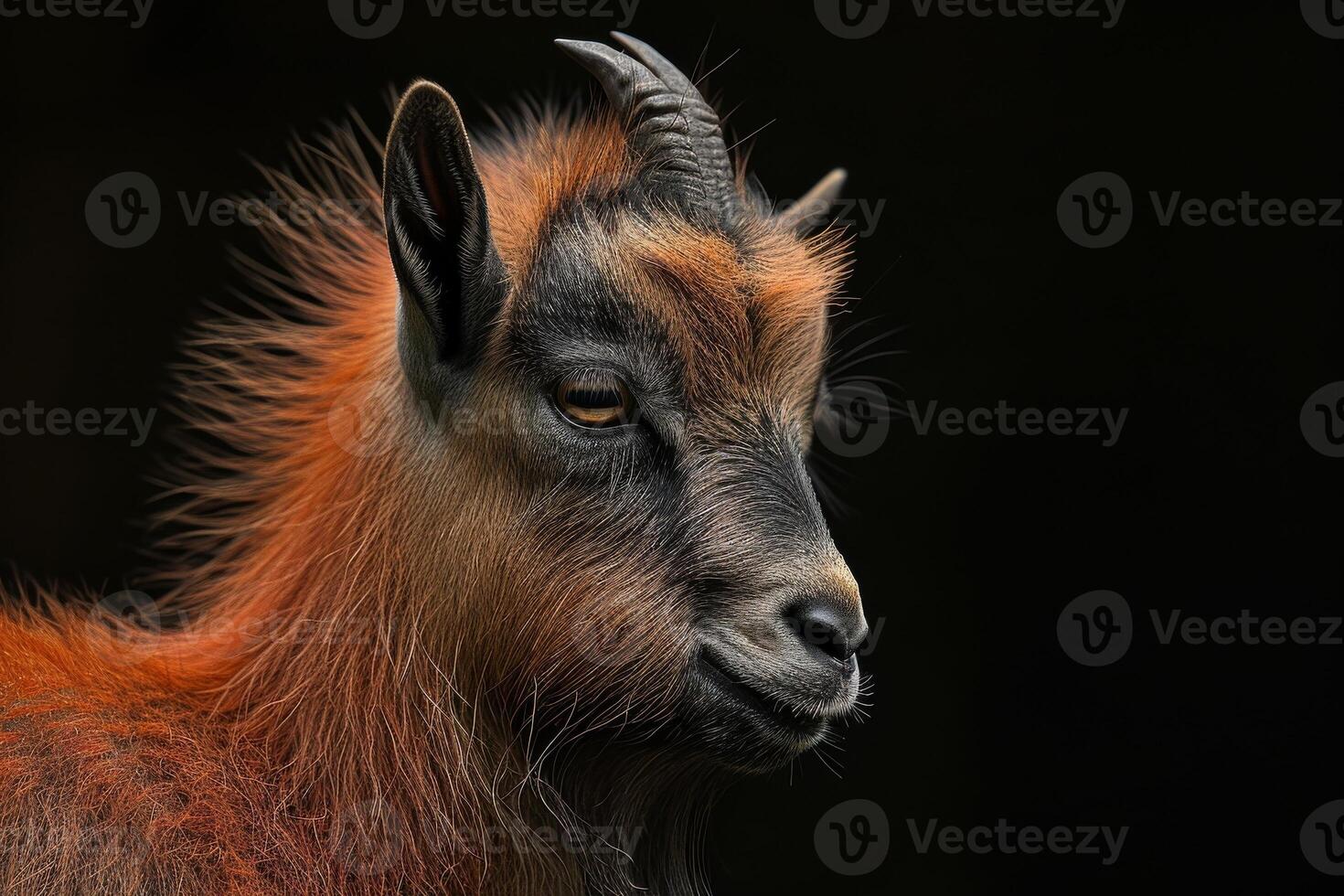 A goat with long hair and horns photo