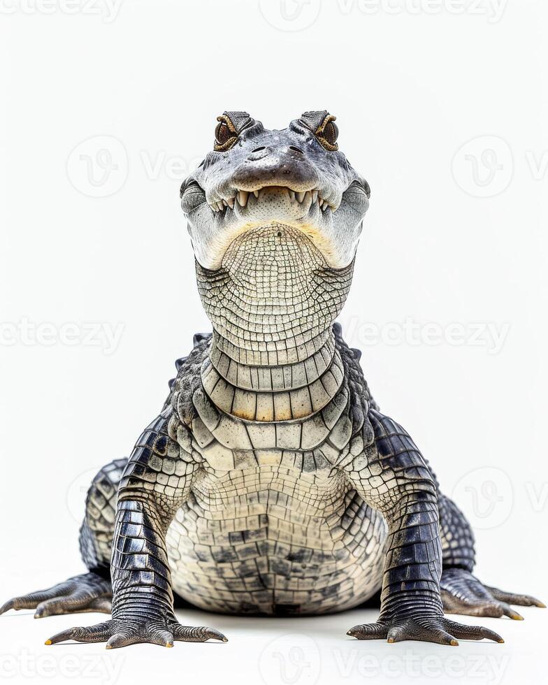 An alligator is sitting down on a white background photo