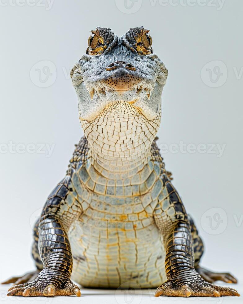 A large alligator sitting on a white background photo