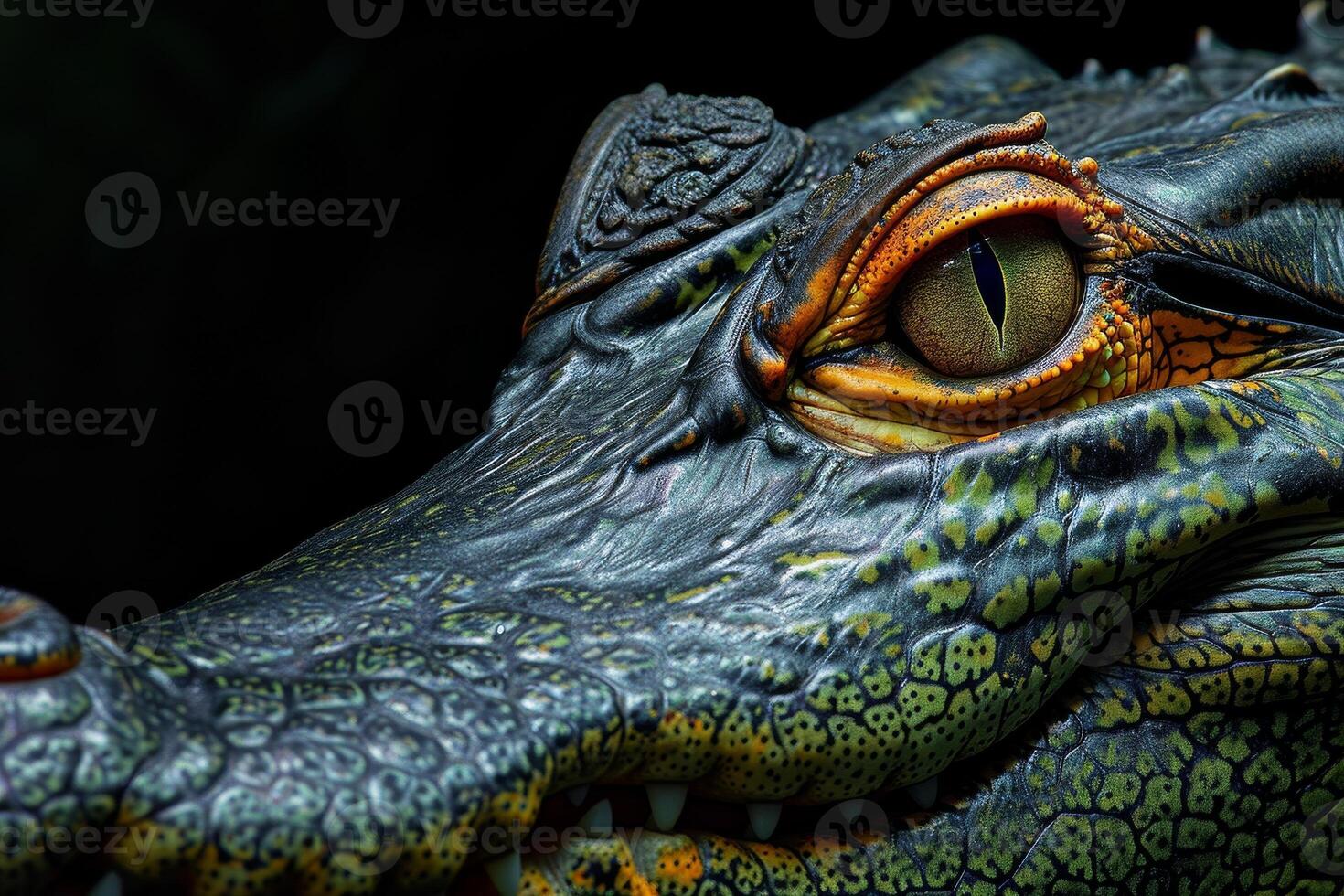 A close up of a large alligator's face photo