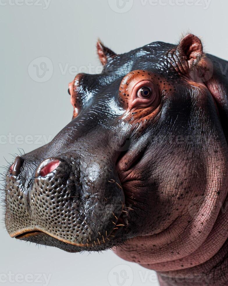 A close up of a hippo's face photo