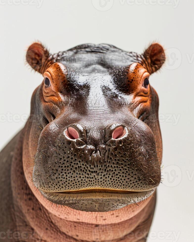 A close up of a hippo's face photo