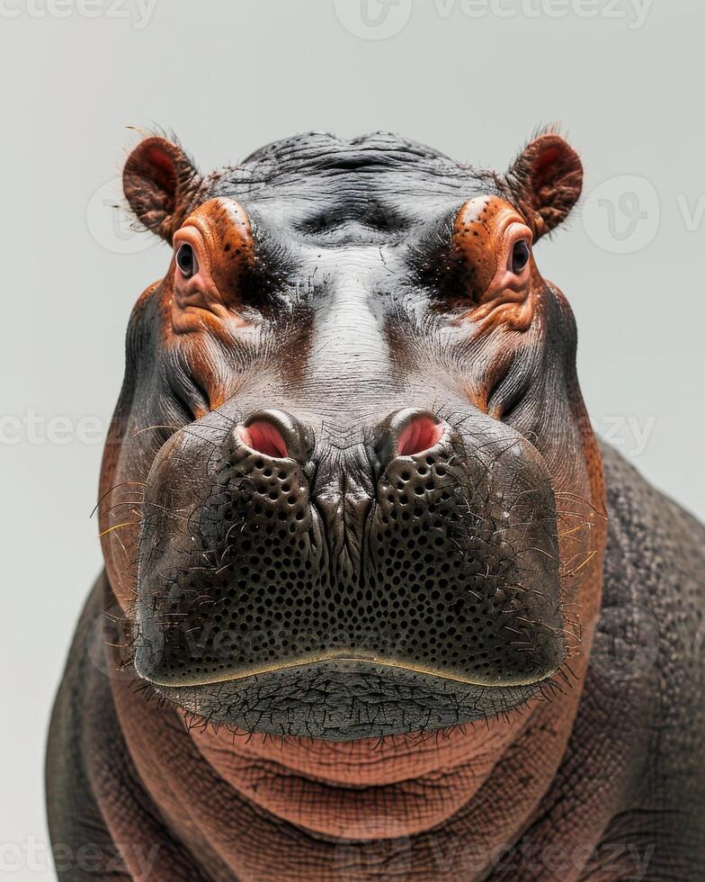 A close up of a hippo's face photo