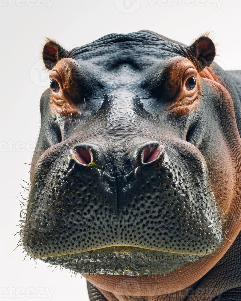 A close up of a hippo's face photo