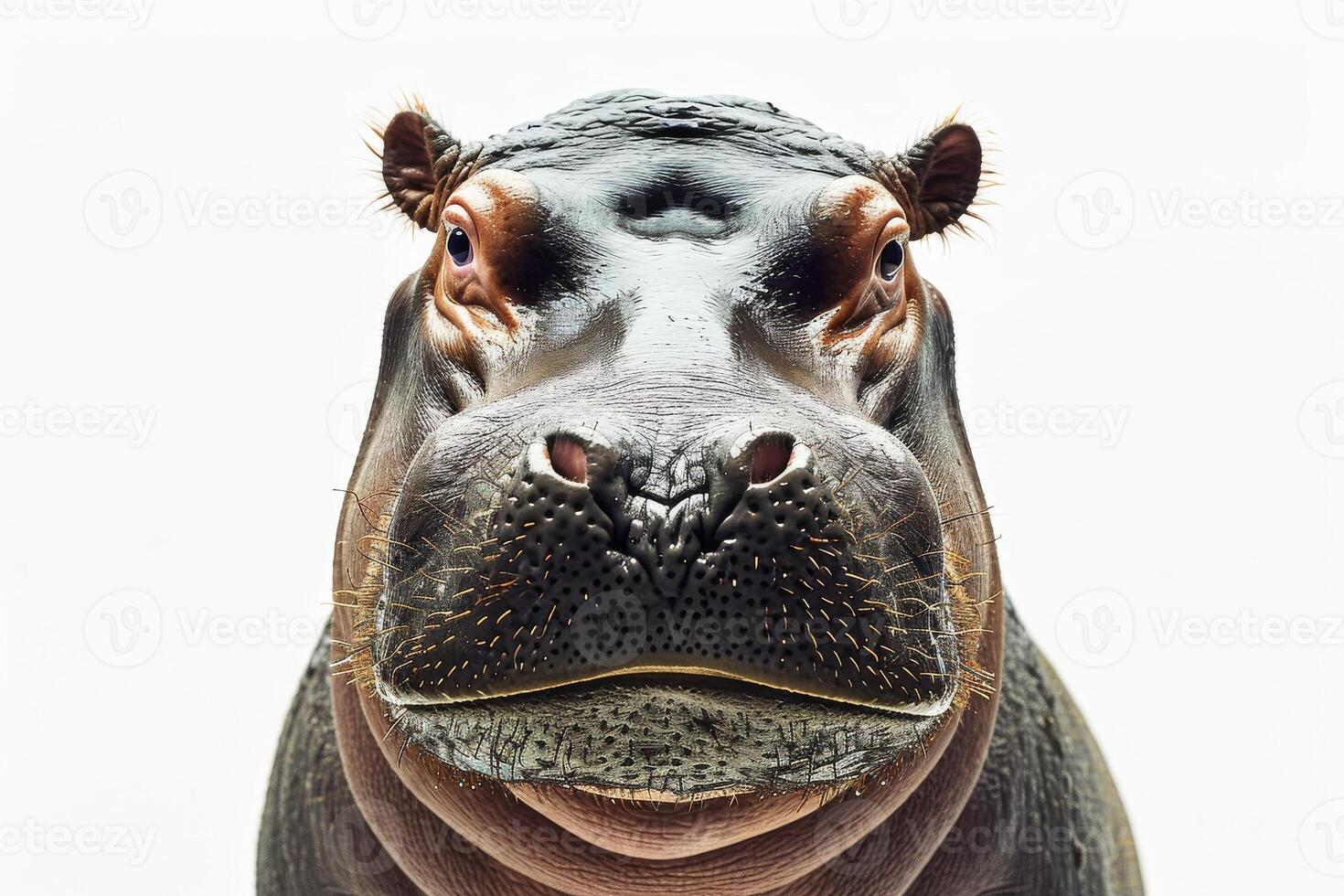 A hippo's face is shown in a white background photo