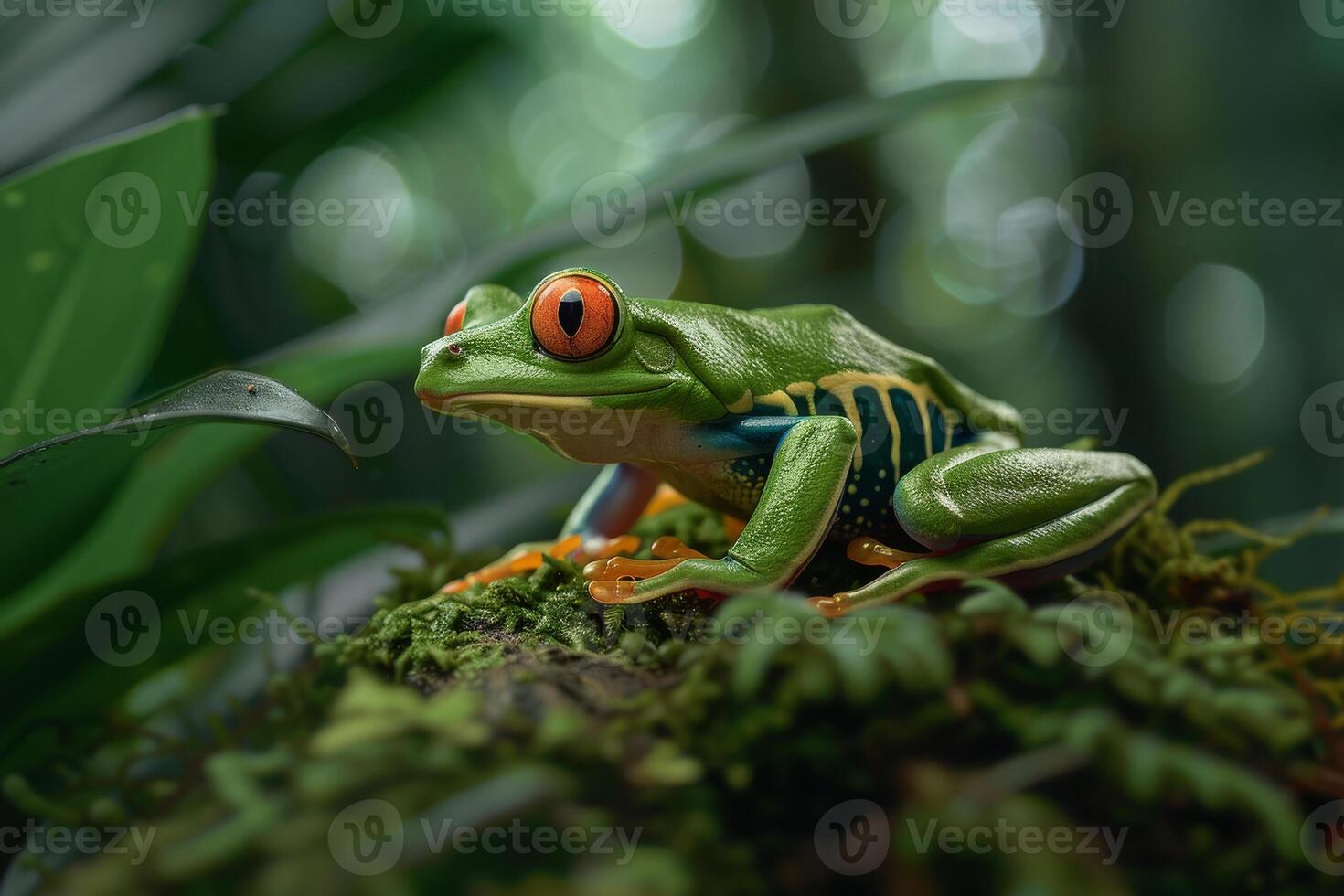 A frog with red eyes sitting on a moss covered tree photo