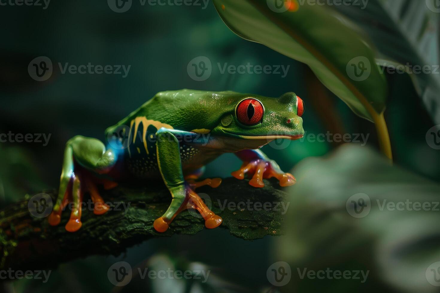 A frog with bright red eyes is sitting on a branch photo
