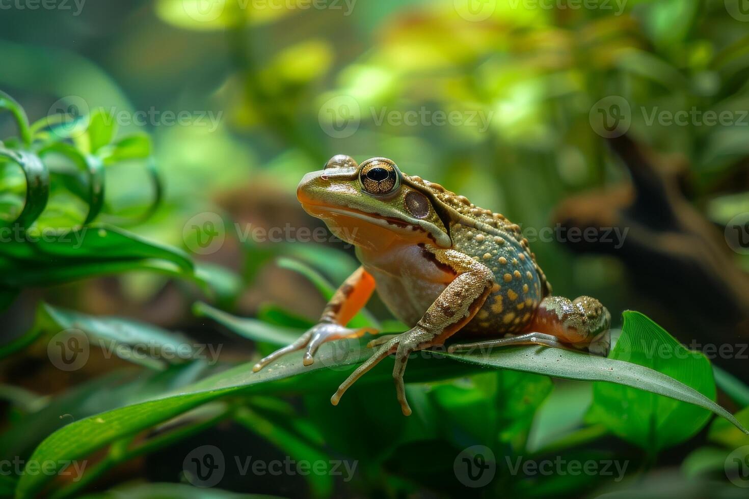 A frog is sitting on top of a plant photo