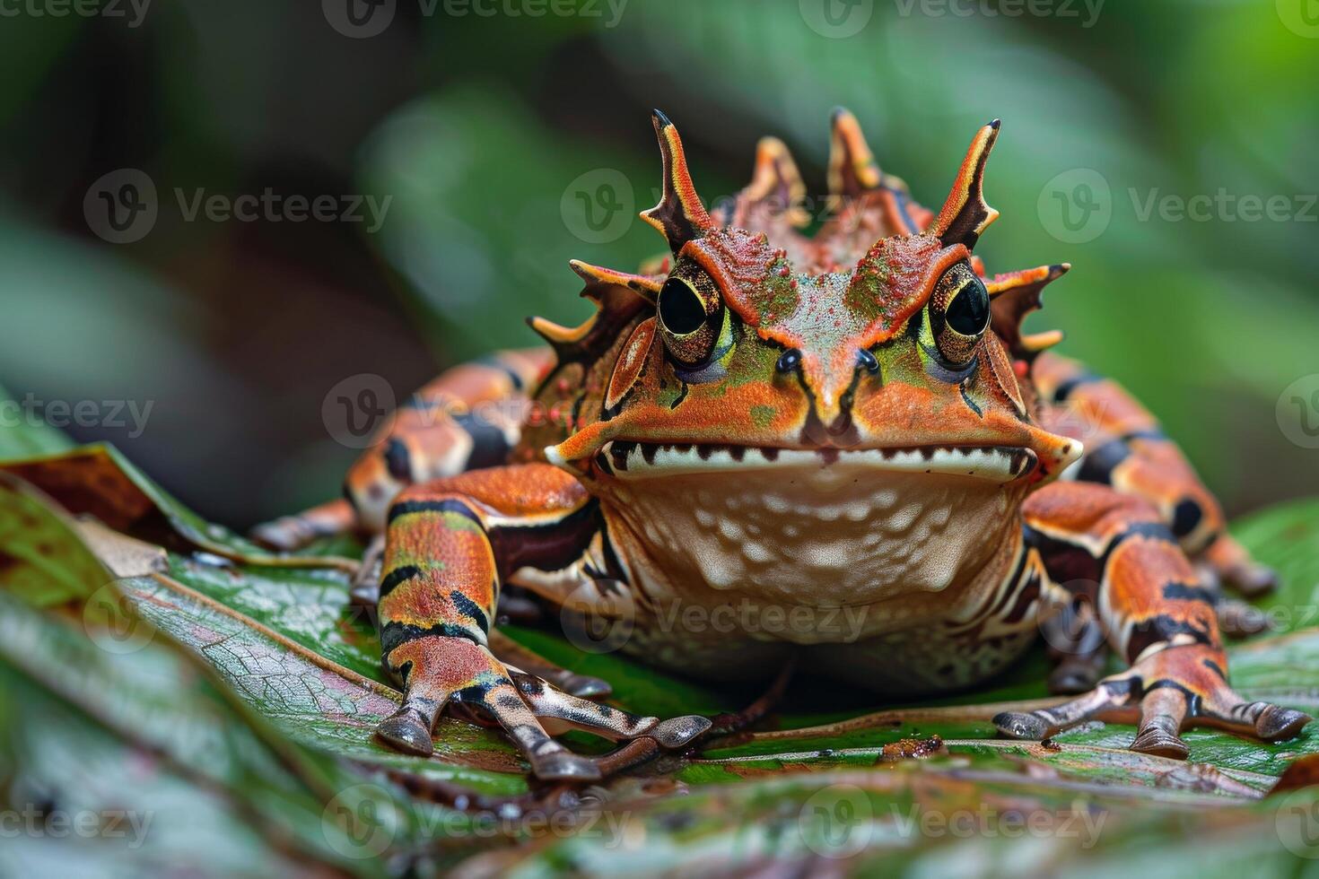 A frog with spikes on its head sitting on a leaf photo
