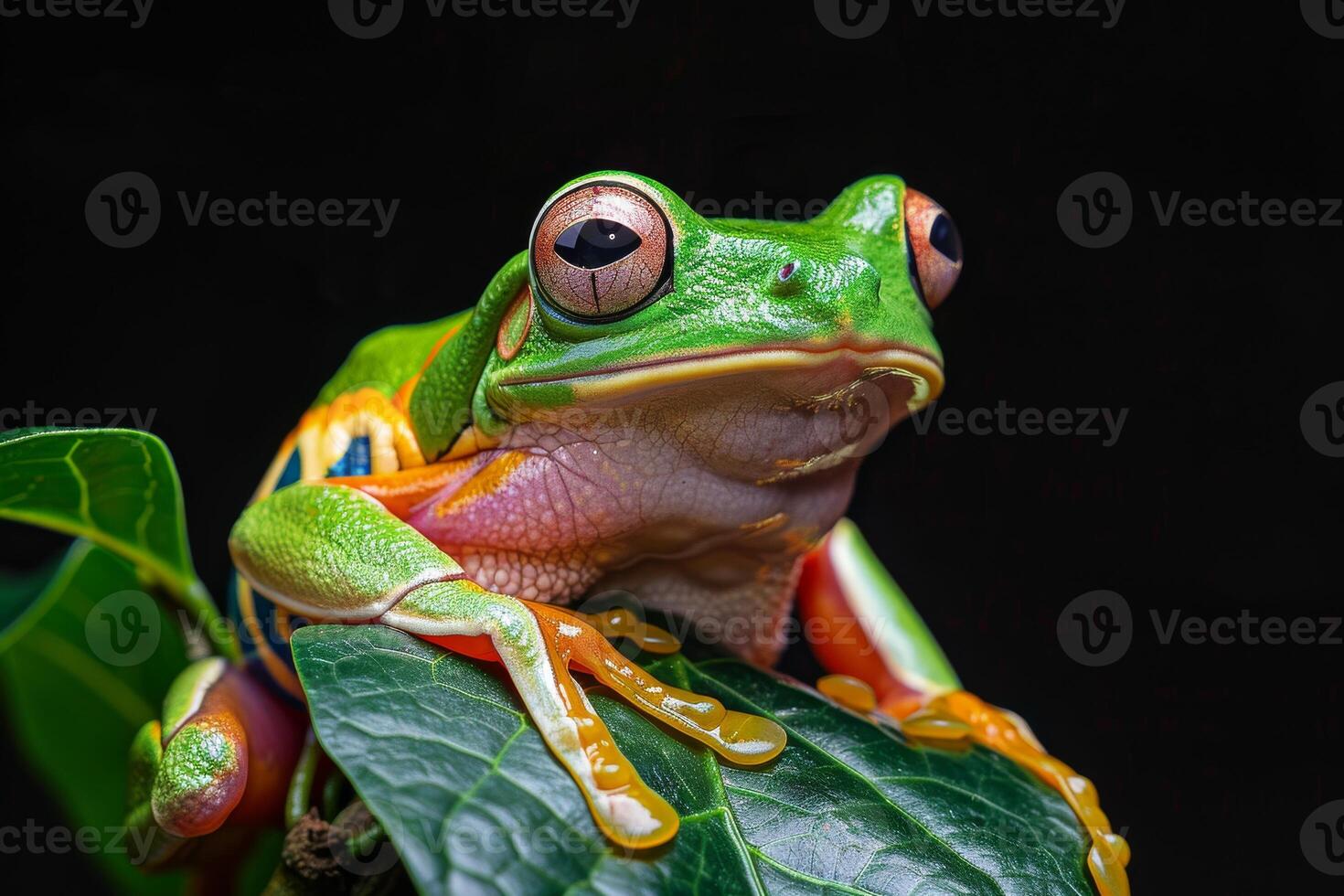 A frog with a big eye is sitting on a leaf photo