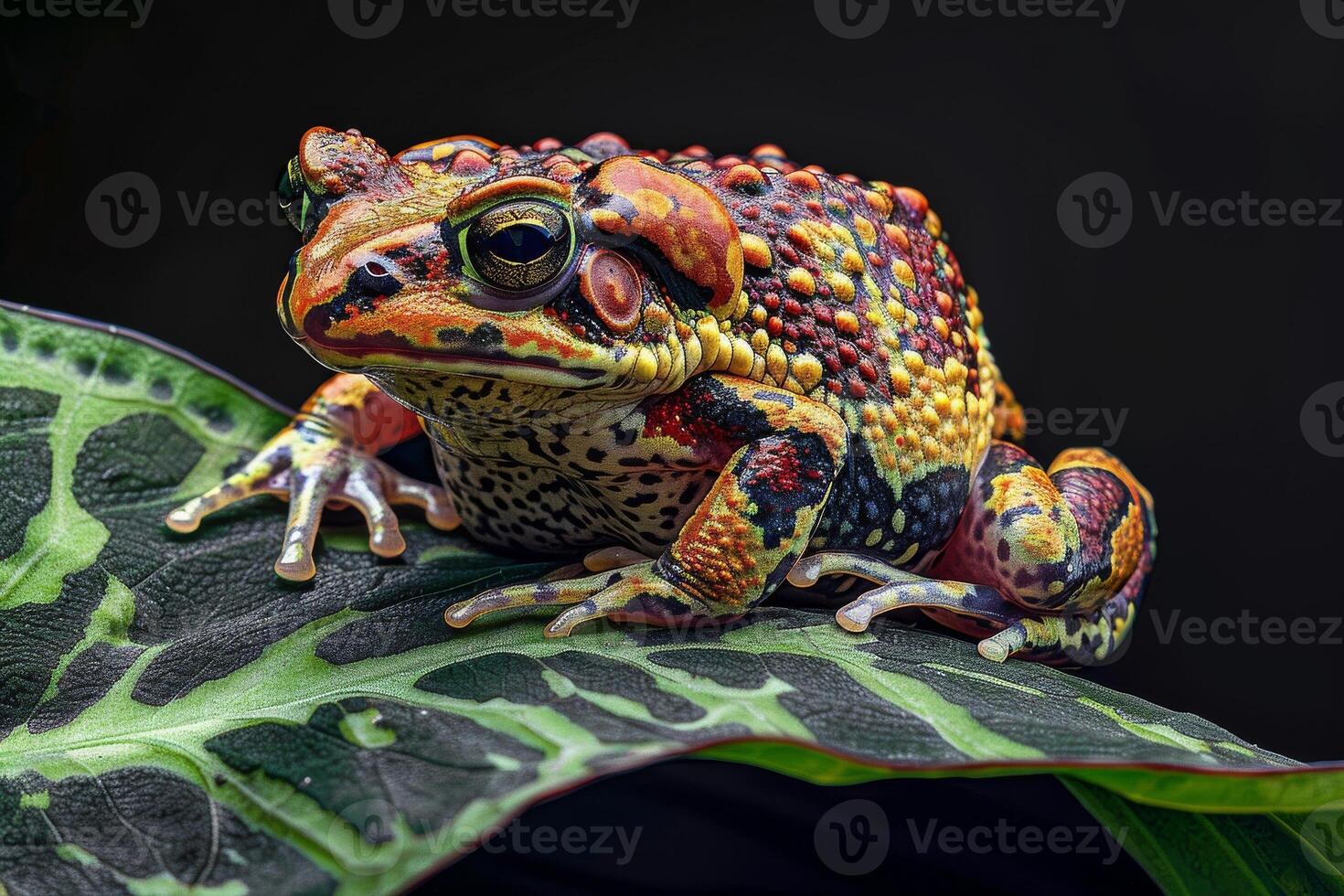 A colorful frog sitting on a leaf photo