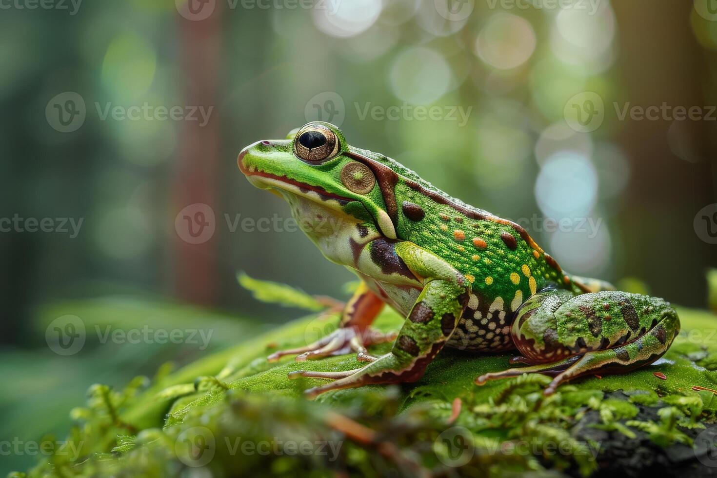 A green frog sitting on top of a moss covered rock photo