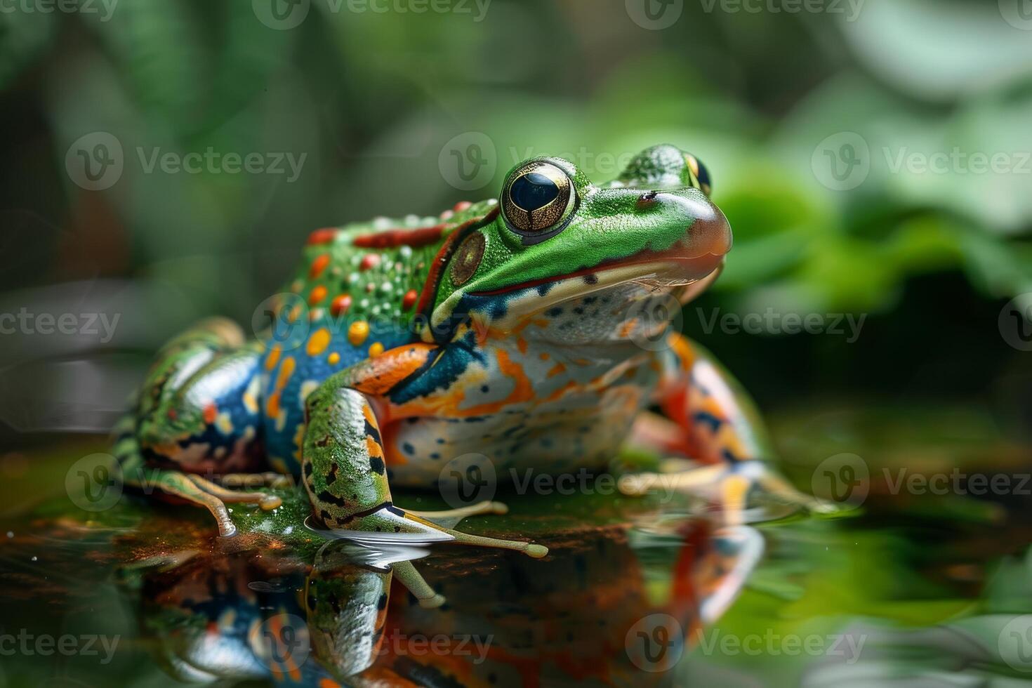 A colorful frog sitting on top of a green leaf photo
