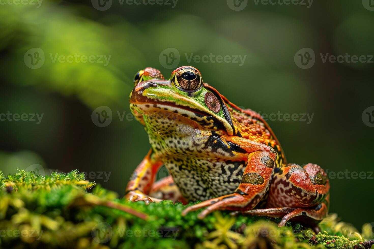 A colorful frog sits on top of a moss covered tree photo