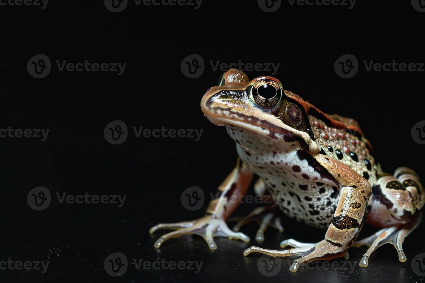 A frog with a black background and white spots photo