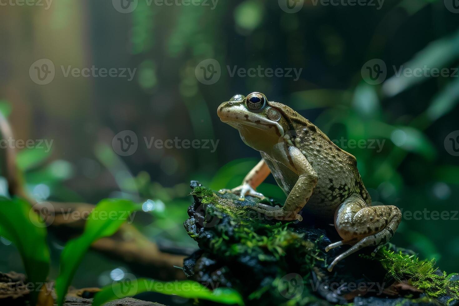 A frog sitting on a mossy branch in the forest photo