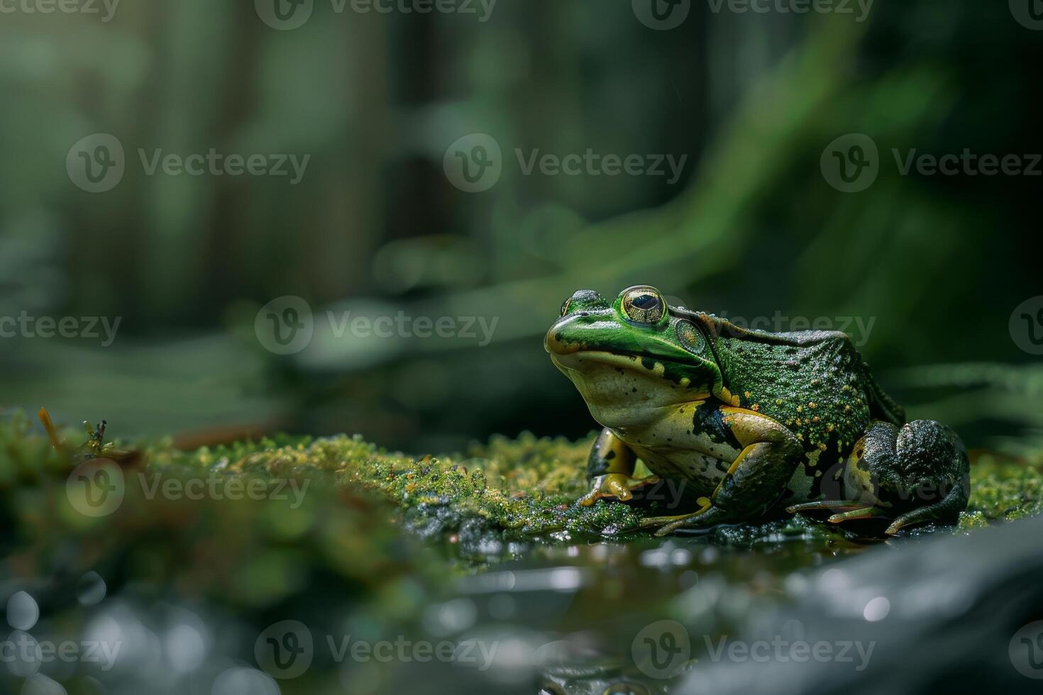 A frog sitting on top of a moss covered rock photo